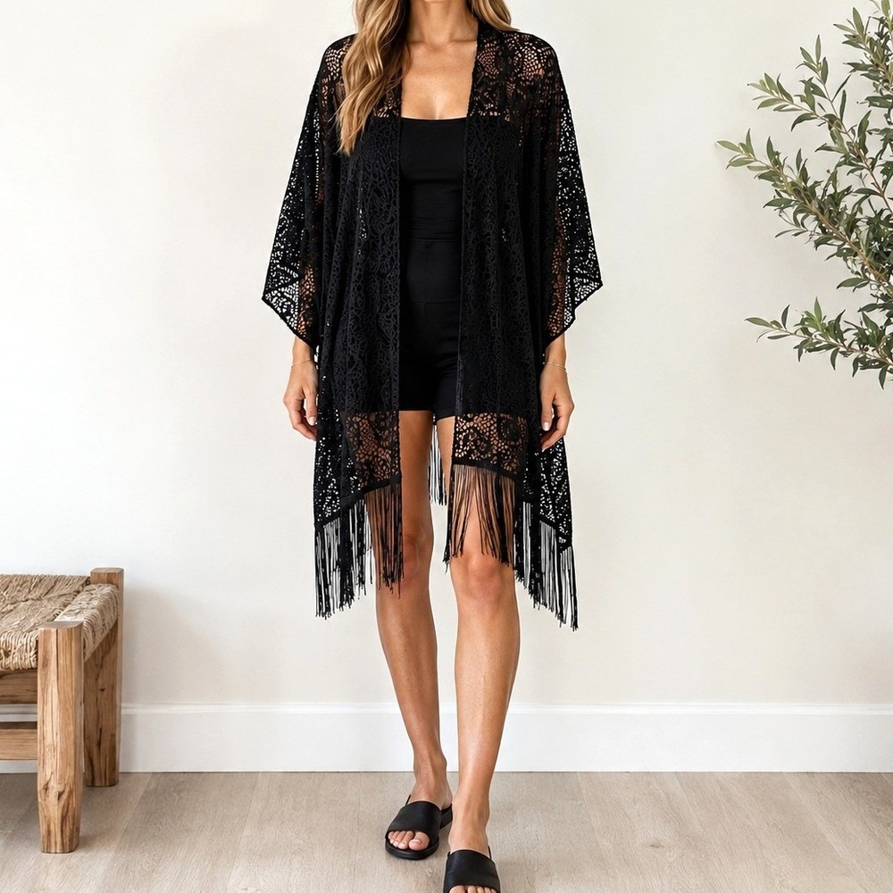 VTG Black Crochet Lace Kimono Fringe Swim Cover Up Boho Festival Whimsigoth OS‎